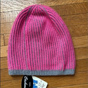 Portolano Cashmere Hat in Rib Stitch Two Tone-Neon Pink/Light Grey